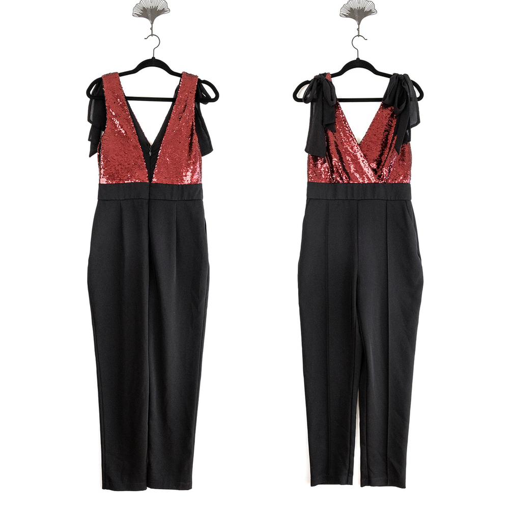 Harlyn Sequin Top Jumpsuit with Bows Women's Black and Red $182 - Size M - Picture 4 of 12